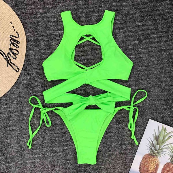 

summer neon green swimsuit 2021 beach bandage ba cross bikini swimwear bikinis women bathing suit biquini outfits swimby