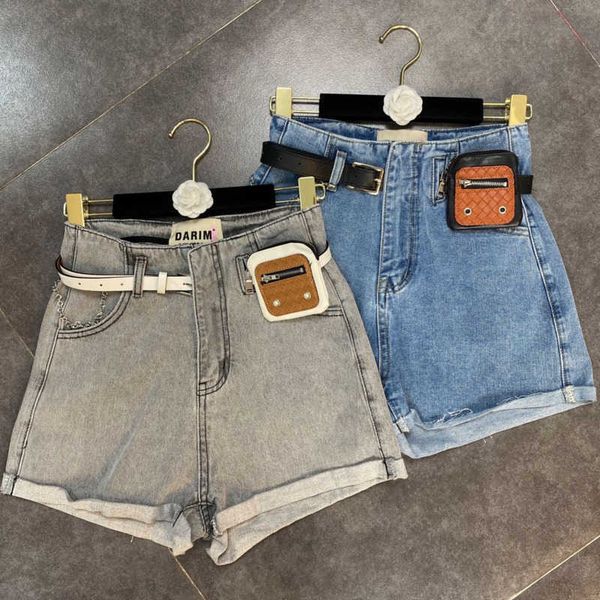 

fabpop summer design high waist wide leg denim shorts with chain bag belt short jeans women gb461 210709, White;black