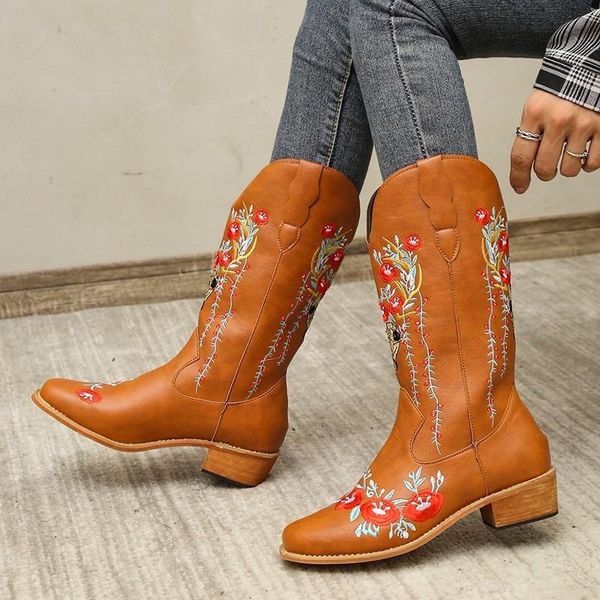 

boots fashion microfiber leather embroidery flowers women long pointed toe western cowboy knee-high knight riding, Black