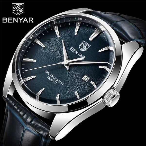 

wristwatches benyar 5163 watch men's quartz simple waterproof business leather watches men casual sports relogio masculino, Slivery;brown