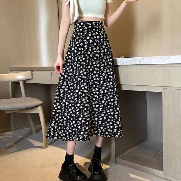 

skirts summer high waist long print skirt floral split 2021 women casual chiffon beach faldas female boho elastic holiday, Black