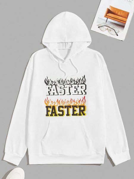 

men letter & fire print kangaroo pocket drawstring hoodie 240z#, Black