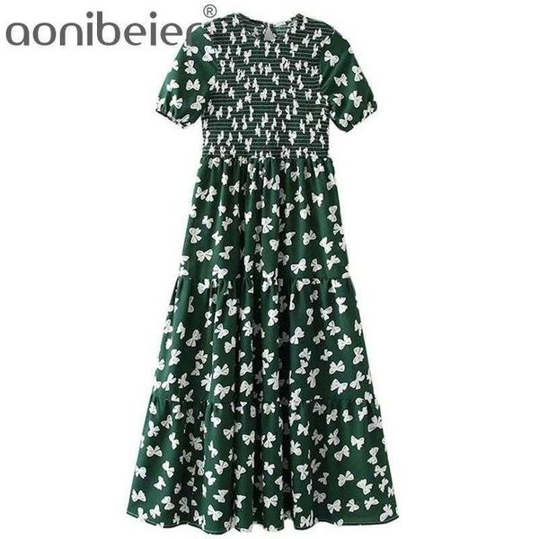 Süße Schleife Print Sommer Kurzarm Frauen Hohe Taille Tiered Skater Kleid Geraffter Körper Lässig Midi Dunkelgrün 210604