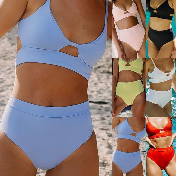 

women's swimwear solid bikini set for girls two piece high waist concise style women hollow out padded bathing suit, White;black