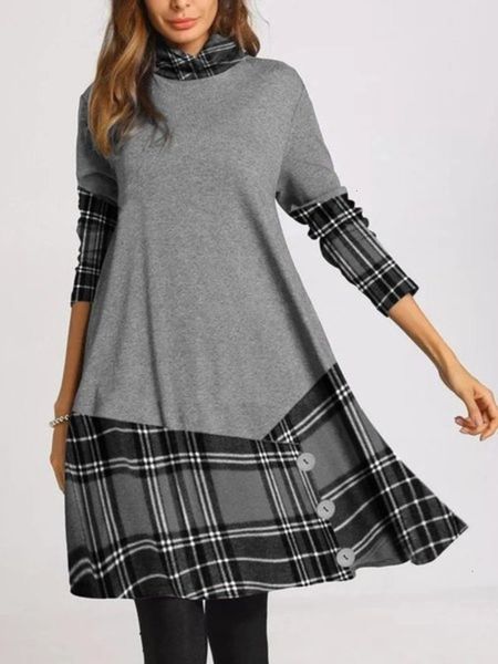 

casual dresses cross level women's plaid stitched long sve drs, Black;gray