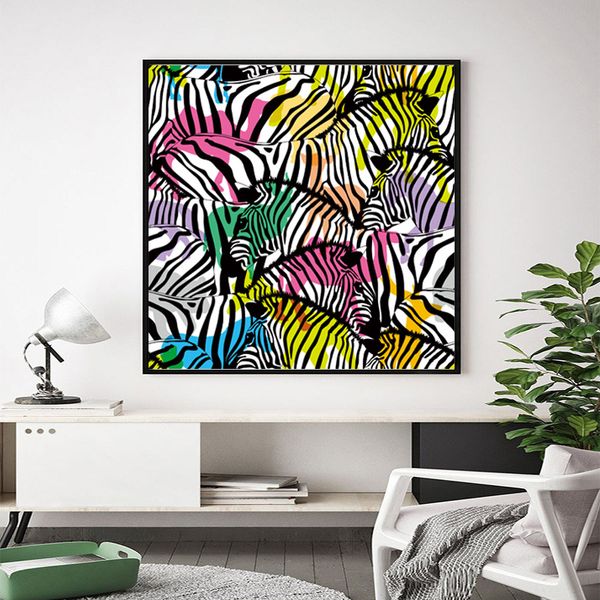 Bunte Zebra-Gemälde, Wandkunst, Poster und Drucke für Wohnzimmer, moderne Tier-Cuadros-Dekoration, große Leinwandkunst