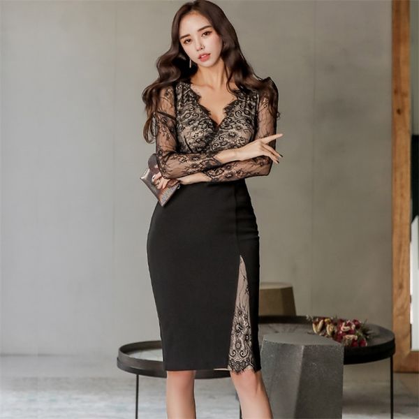 

lace black tight dress korean ladies summer long sleeve v neck nightclub party midi sheath dresses for women 210530, Black;gray