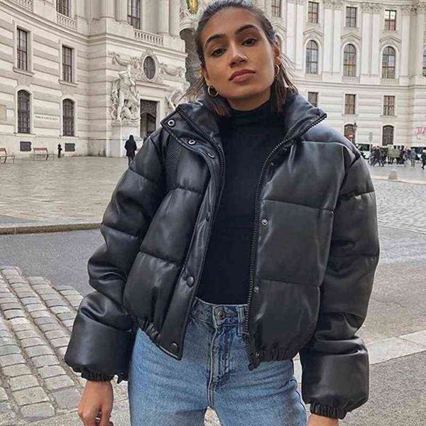 

winter warm thick pu leather coats women short parkas fashion black cotton padded lady down jacket elegant zipper clothes 2021