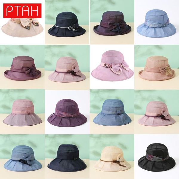 

[ptah] fashion sun protection silk hat 100% mulberry breathable anti-uv women upf50+ foldable adjustable not polyester wide brim hats, Blue;gray