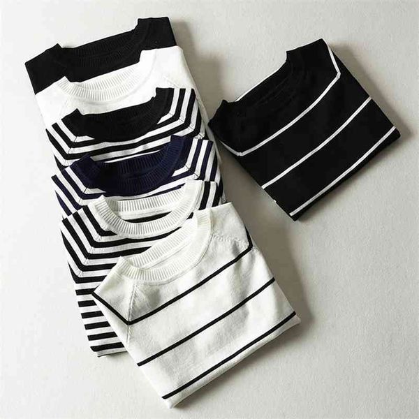

lizkova summer knitted striped t-shirt women korean cute short sleeve harajuku style streetwear clothes 210330, White