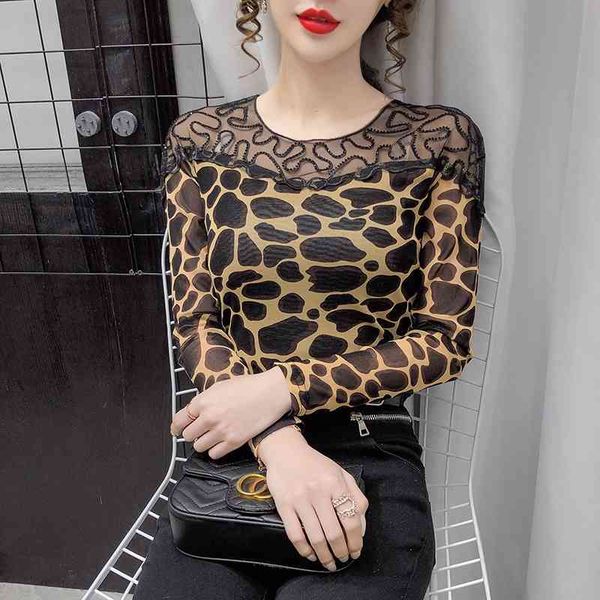 

women's t-shirt spring summer european style girls mesh patchwork print leopard letter women long sleeve tees t12203a h1, White