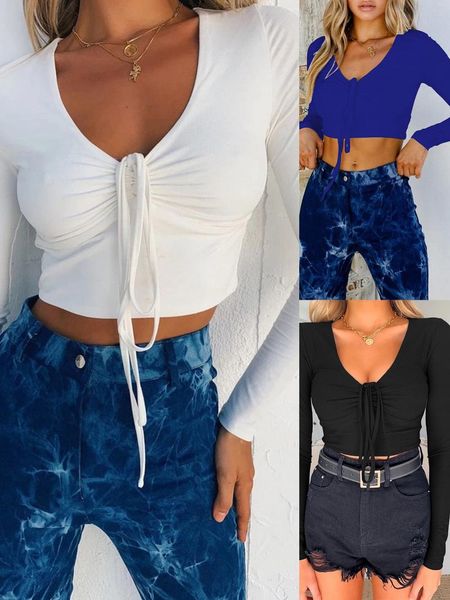 

women's t-shirt elegant fashion ladies t-shirt polyester v-neck spring/autumn solid draw string lace up women basic long sleeve, White