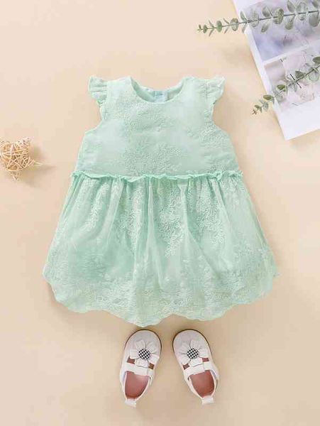

baby floral embroidery butterfly sleeve scallop trim dress she, Red;yellow