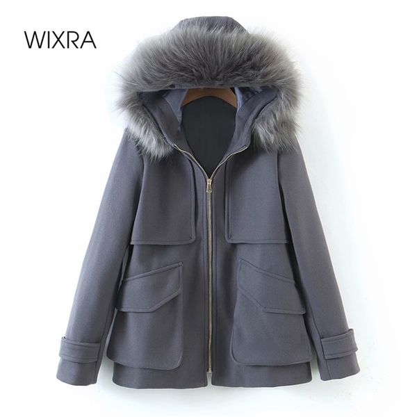 

wixra spring womens hooded coat fur collar zippers new fashion ladies pockets solid basic outerwear 210419, Black