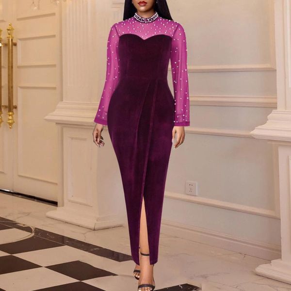 

casual dresses autumn 2021 women dress round neck perspective net yarn beading high waist pack hip split fork purple ladies, Black;gray