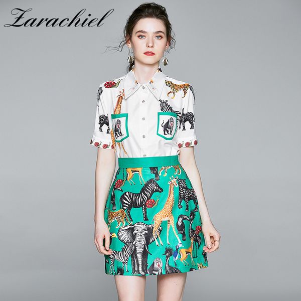 

fashion designer zoo suit summer women short sleeve pocket shirt + animal print green a-line mini skirt 2 piece set 210416, White