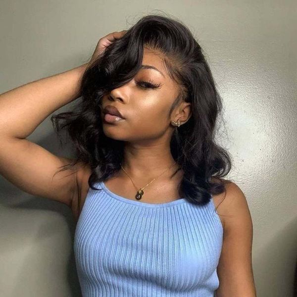 

lace wigs side part front human hair with baby for black women short preplucked hairline natural wave wig remy, Black;brown