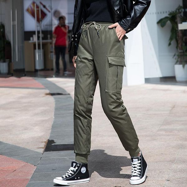 

winter men's tooling down wadded trousers for teenagers wearing white duck casual multi-pockets warm-keeping pants, Black