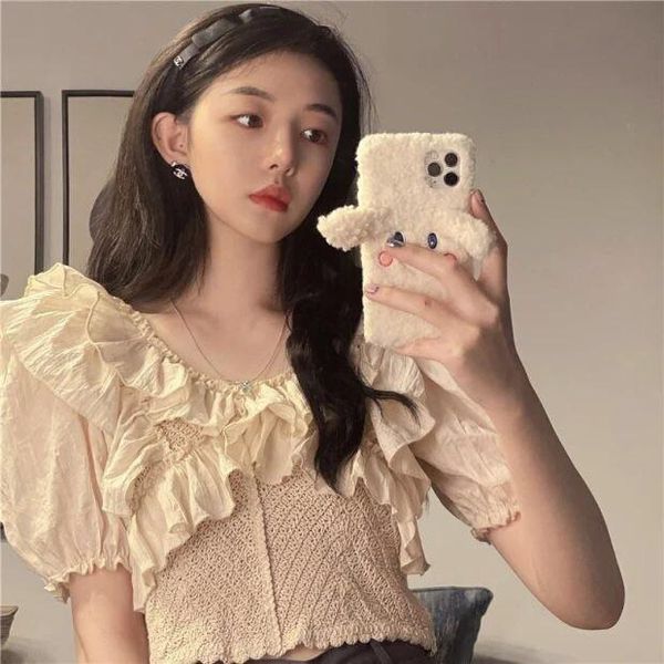 

women's blouses & shirts ruffles ladies summer fashion brand short sleeve hollow out tees women clothing korean sweet style t v-neck l, White