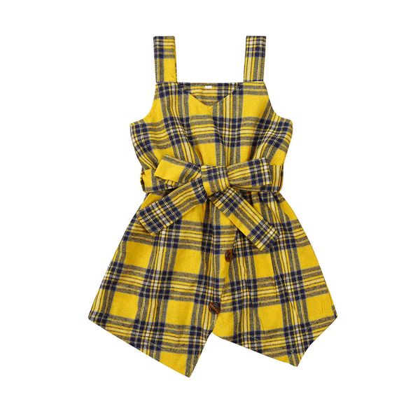 Citgeett verão crianças meninas casuais suspender vestido moda xadrez em v-pescoço uma linha princesa vestido amarelo roupas 2-7T Q0716