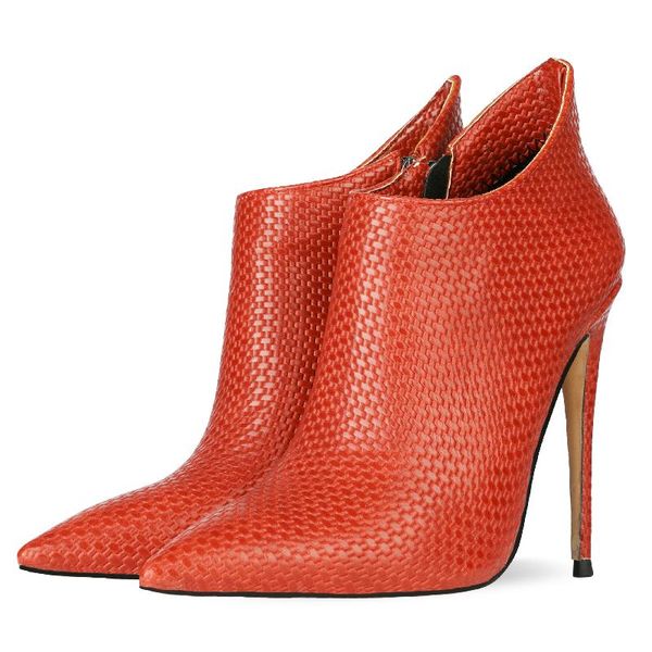 

boots red snakeskin ankle for women high heels pointed toe ladies zipper blue short party shoes large size 45, Black