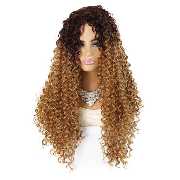 

export 4t27#kinky middle split wig small curly long hair headgear, Black