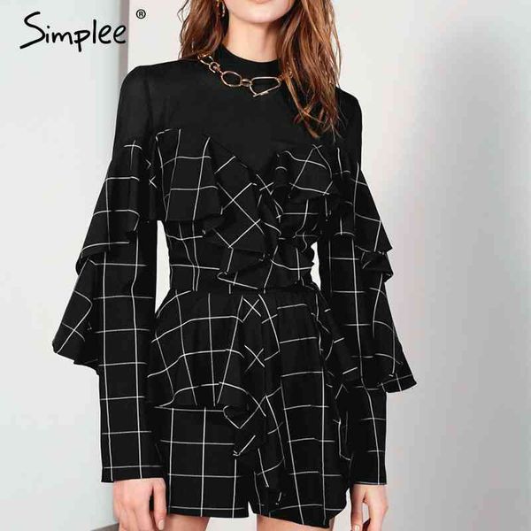 Elegante Bürodame Plaid Rüschen Langarm Mini Streetwear Gerade O-Ausschnitt Herbst Chic Kurzes Partykleid 210414