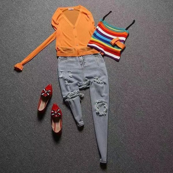 

women's two piece pants 3 pieces women sets summer design streetwear cardigan vest and hole jeans elegant female clothing suits, White