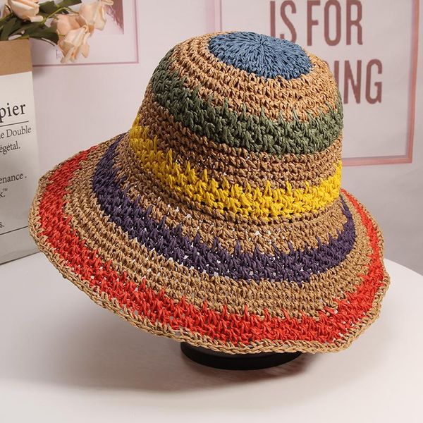 

wide brim hats colorful rainbow straw cap for women folable travel soft bucket hat bohemian weaving sun visor cute girls summer, Blue;gray