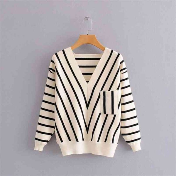 

spring autumn women's cardigan european style v-neck striped long-sleeved knitted sweater loose casual female gx273 210507, White;black