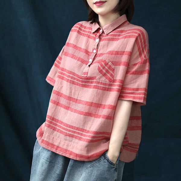 

women spring summer style blouses shirts lady casual short sleeve turn-down collar striped printed loose blusas df3750 210609, White