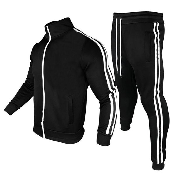 

men's fashion sports leisure suit collar cardigan sweater running fitness cycling jacket pants two pieces gym clothing, White;black