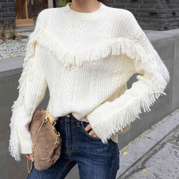 

tassel autumn winter long sleeves korean o neck fashion short sweater knitted loose pullovers women 300j 210420, White;black