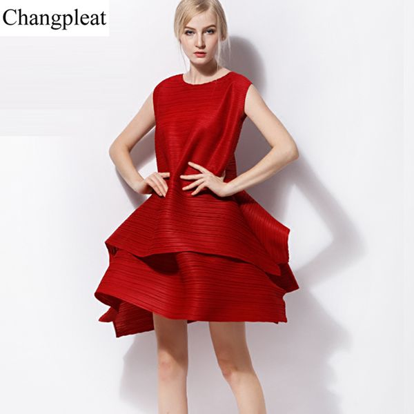 

dresses changpleat summer sleeveless cake dress miyak pleated fashion design o-neck solid loose plus size female a-line tide, Black;gray