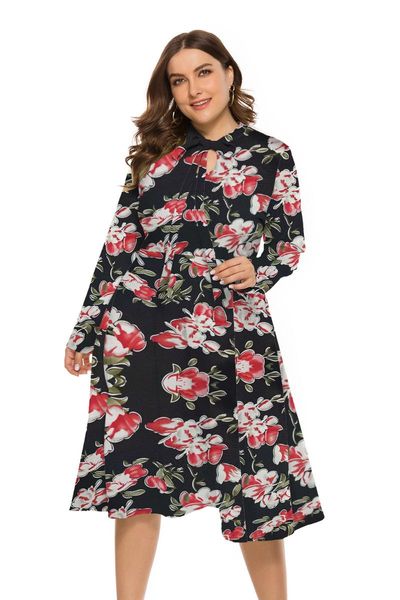 

casual dresses xl to 5xl plus size flroal dress woman robes o-neck high waist lace bow collar long sleeve for women t0141, Black;gray