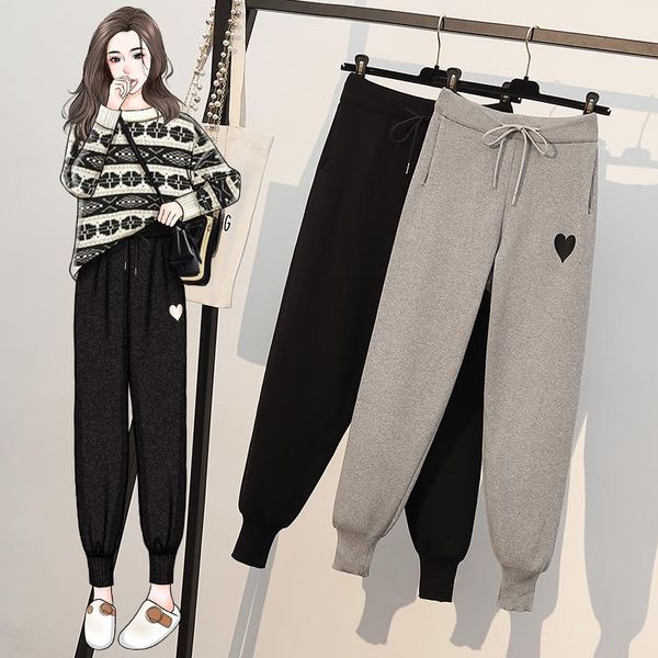 

women's pants & capris black grey knitted wide leg plus large size oversize korean vintage autumn clothing high waist trousers fashion, Black;white