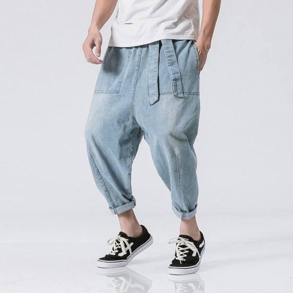 

men hip hop baggy harem pants drop crotch denim trousers male ladies jeans belted loose large size 5xl cowboy pantalon men's, Blue