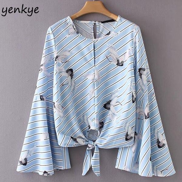

women's blouses & shirts 2021 women animal printed striped blouse o neck flare sleeve hem knots summer shirt crop brand blusa yd8485, White