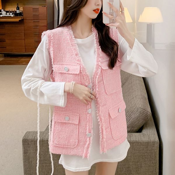 

women's vests korean fashions casual summer tweed waistcoat simple female jacket without sleeves of wool elegant outer garment usht, Black;white