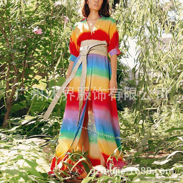 

dresses summer long casual skirt digital print fashion rainbow dress for women, Black;gray