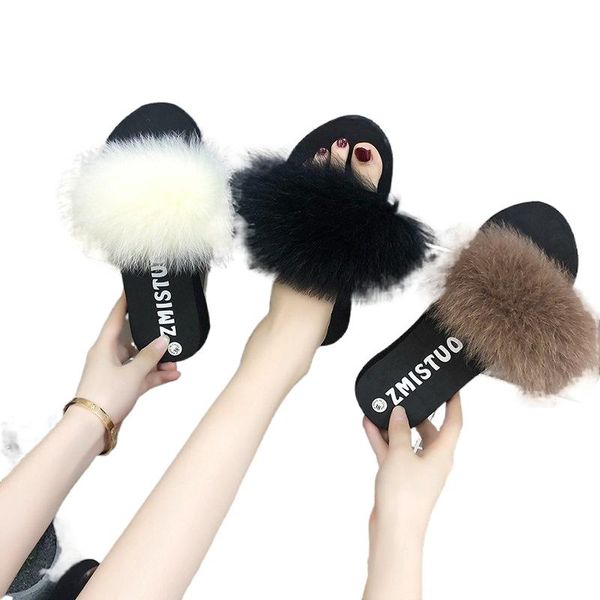 

slippers fashion real hair spring and summer korean version of women wear a word fur woman shoes, Black