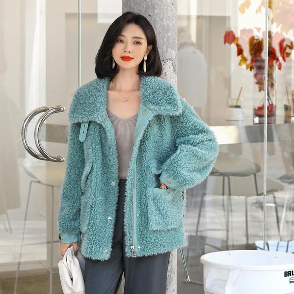 

women's fur & faux female real coat autumn winter jacket women clothes 2021 korean sheep shearing coats vintage 100% wool hiver 1924, Black