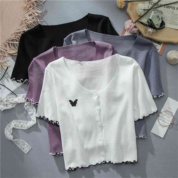

women summer butterfly embroidry t-shirts buttons flounce hem crop for kniitted t-shirts 210518, White