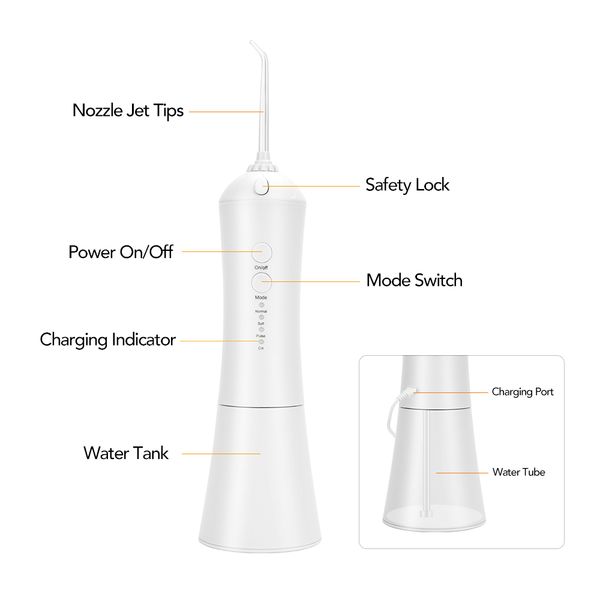 

dental oral irrigator waterproof ipx7 usb rechargeable cordless water flosser portable water jet 230ml water tank dental care perfections