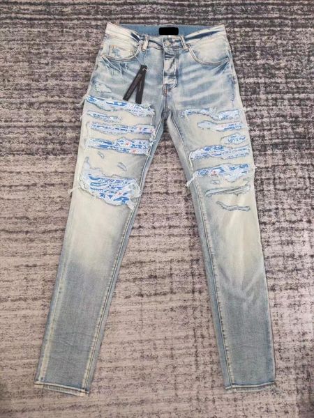 

men's jeans style amr wash blue hole do old cashew flower stretch slim high street fashion brand