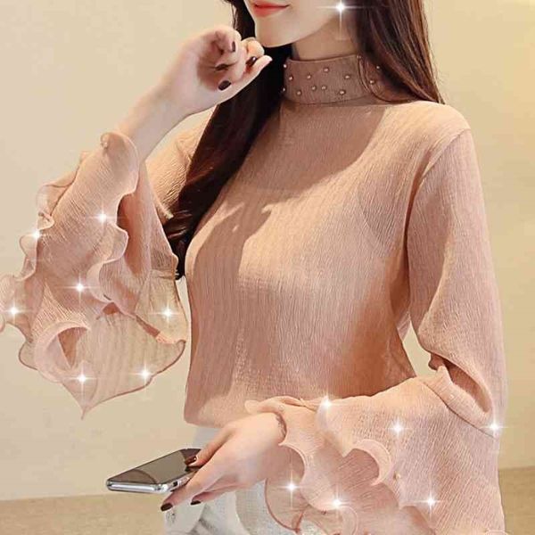 

blouse women blusas mujer de moda beading stand collar chiffon blouse shirt long sleeve women blouses shirts blusa a759 210602, White