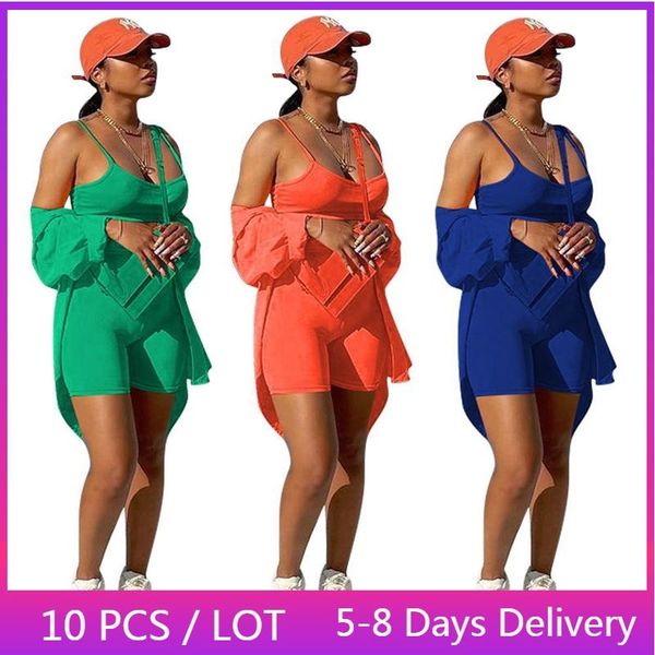 

women's tracksuits wholesale items spring autumn 3 piece set women casual button up shirt + crop biker shorts workout joggers, Gray