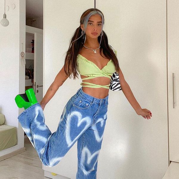 

fashion high waist casual jeans women 2021 streetwear heart pattern straight denim pants graffiti long trousers women's, Blue