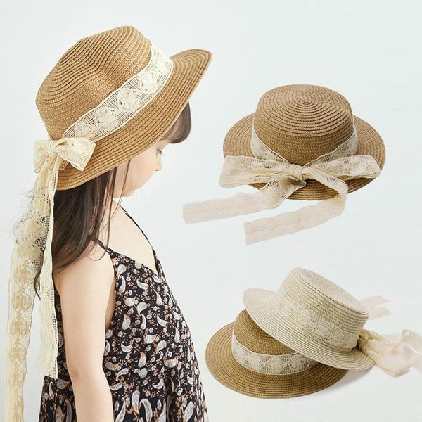 

caps & hats kids princess sunscreen sunshade sun hat lace bow decorate wavy straw for girls panama cap baby beach, Yellow