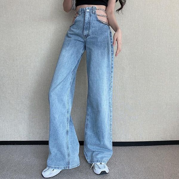 

women's jeans summer women fashion chain loose high waist denim trousers cotton vintage washed casual wide leg pants, Blue